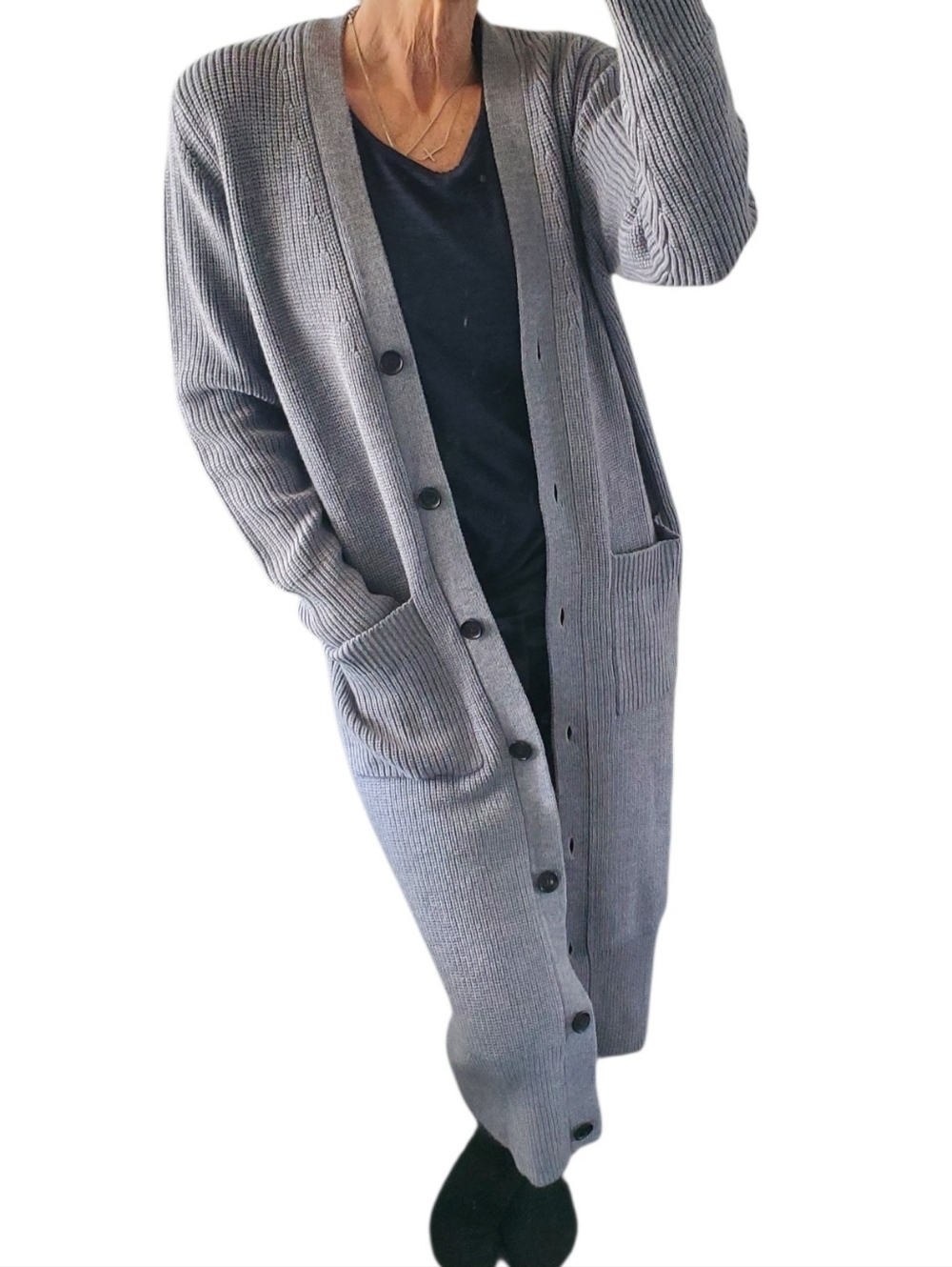 100% Wool Long Knit Button Front W/pockets Cardigan Duster Sweater Coat